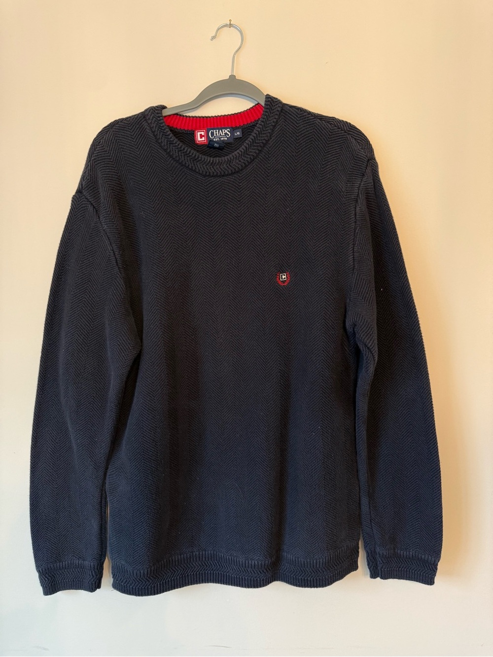 Chaps Men's Navy Crewneck Sweater with Red Trim